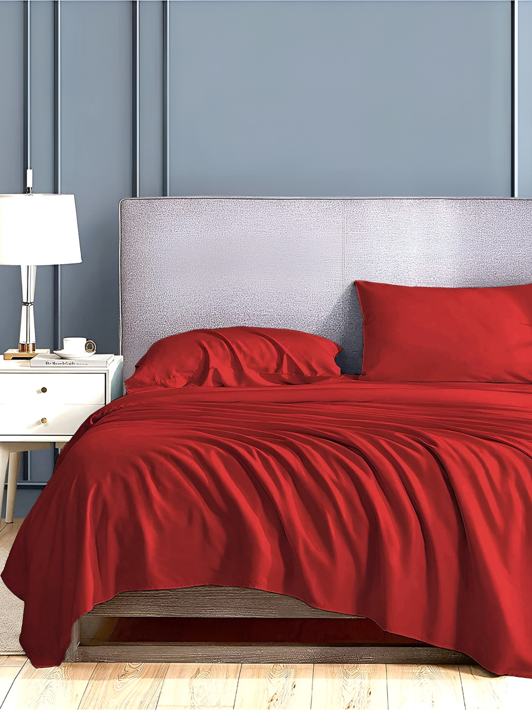 Bevi Red Microfiber 180 TC Double Fine Bedsheet with a Pillow Cover-900 x 600 inches