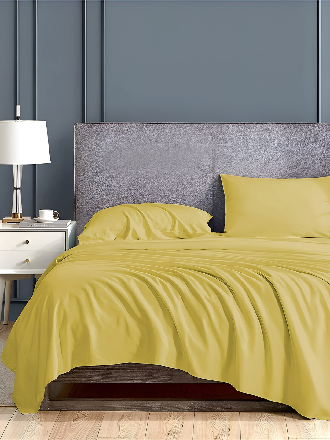 Bevi Yellow Microfiber 180 TC King Fine Bedsheet with 2 Pillow Covers-90 x 90 inches