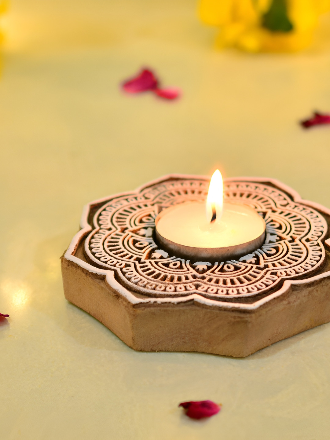 CaratWala Brown White Textured Wooden Tealight Candle Holder With Candle