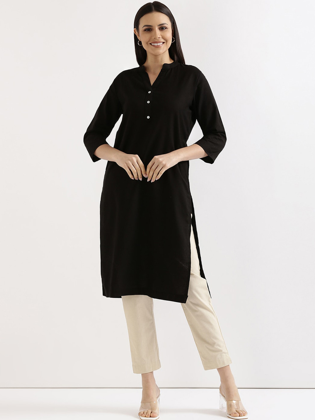 SAADAA Mandarin Collar Cotton Linen Straight Kurta