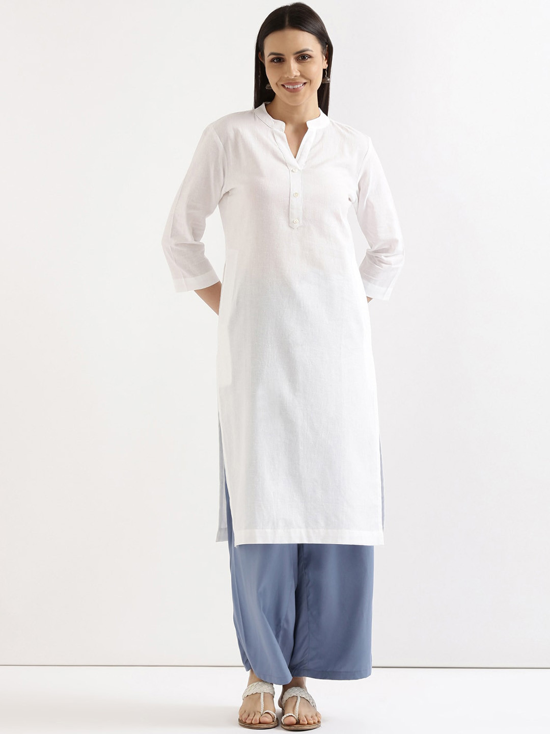 SAADAA Mandarin Collar Cotton Linen Straight Kurta
