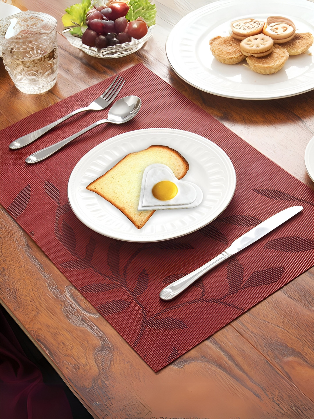 YELONA Maroon & Red 8 Pieces Floral Anti-wrinkle Table Placemats