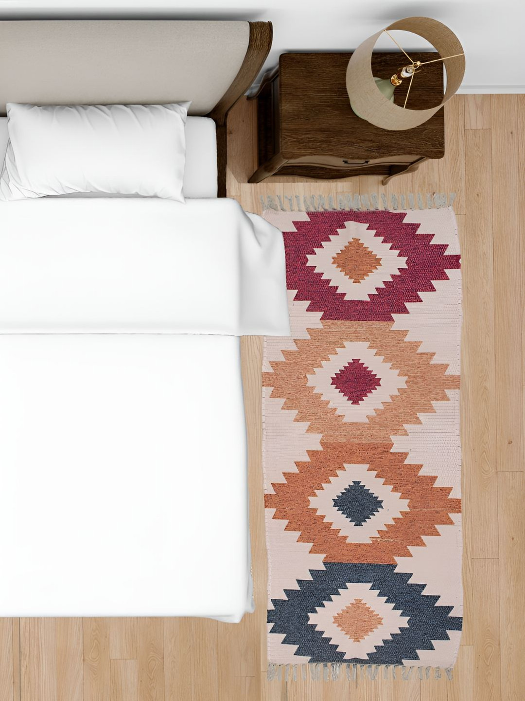 HOMADORN Cream Orange Geometric No Shredding Handmade Rectangular Floor Dhurries