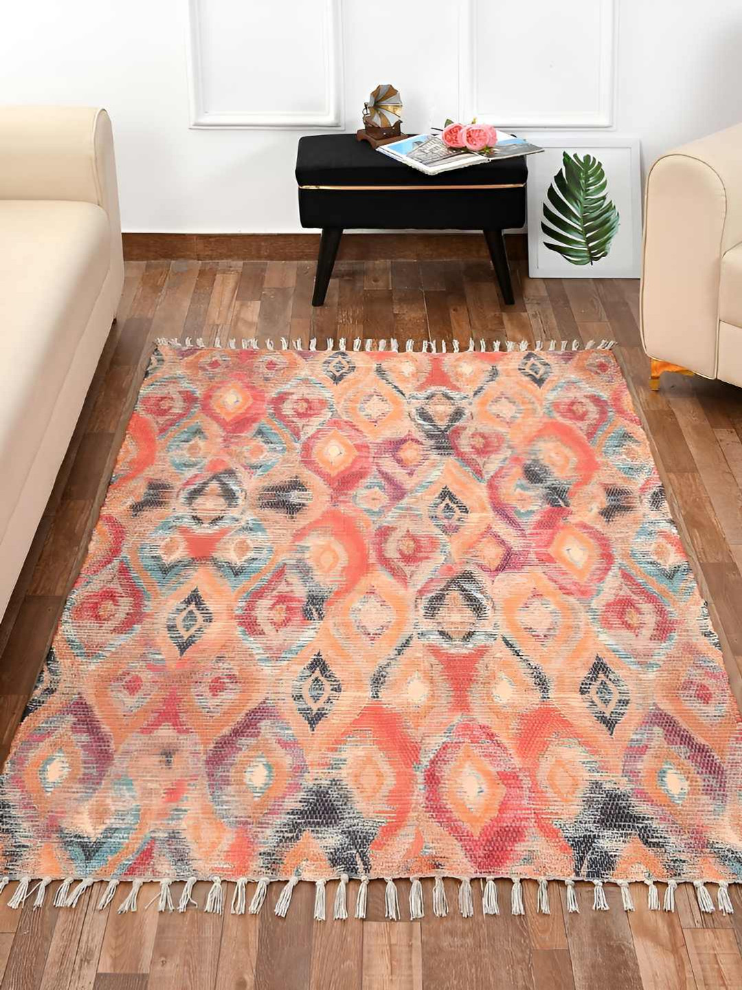HOMADORN Orange Rectangular Printed Floor Dhurries