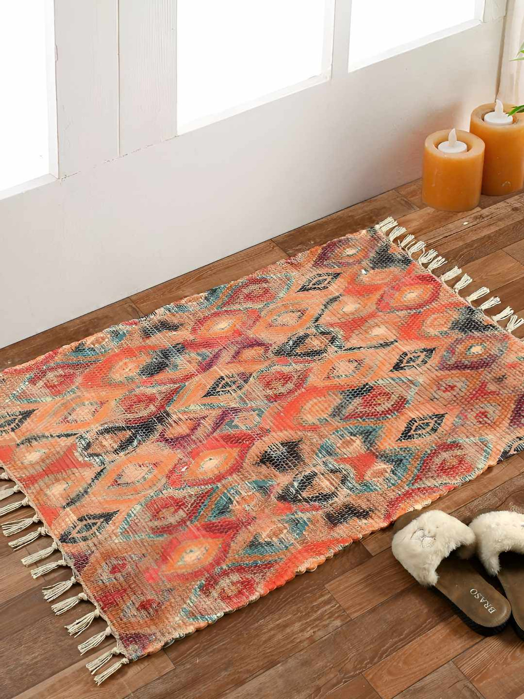 HOMADORN Orange Rectangular Printed Floor Dhurrie