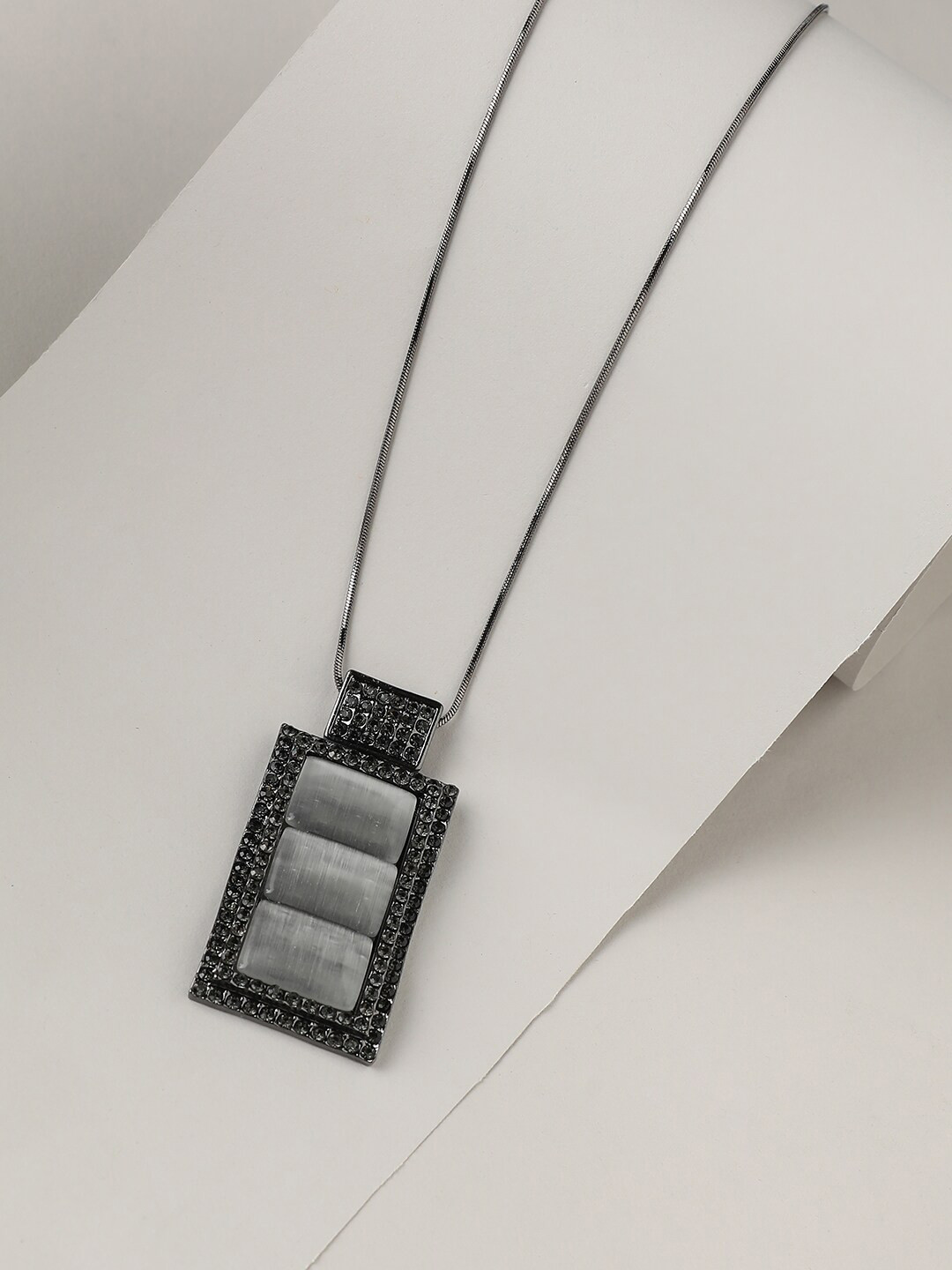 SOHI Silver-Plated Stones Studded Geometric Vista Pendant With Chain