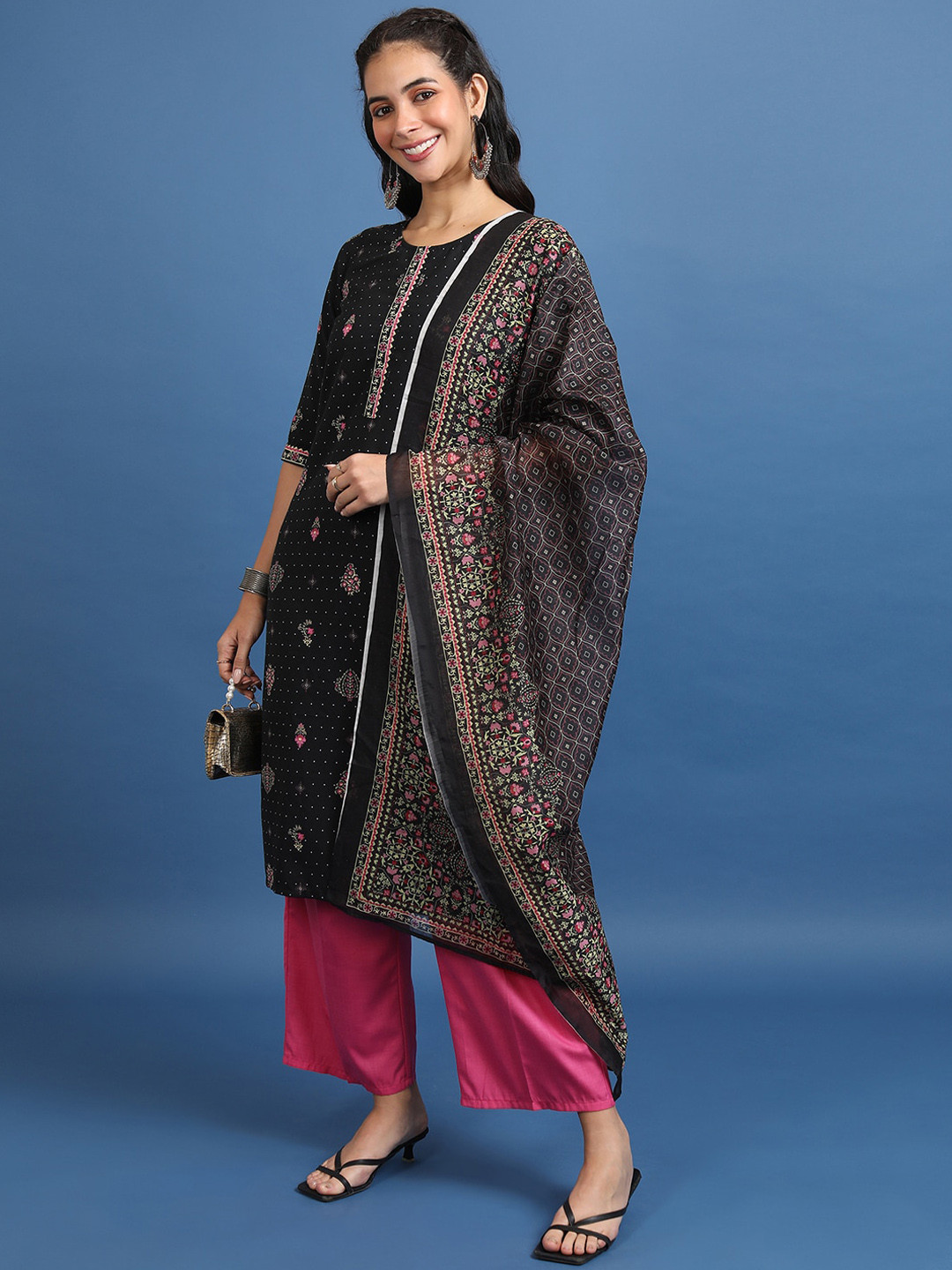 Vishudh Black & Pink Ethnic Motifs Printed Straight Kurta With Palazzos & Dupatta