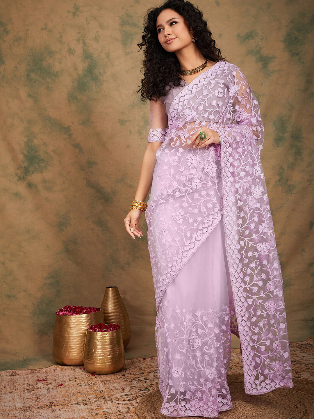 Sangria Lavender Floral Embroidered Net Sarees