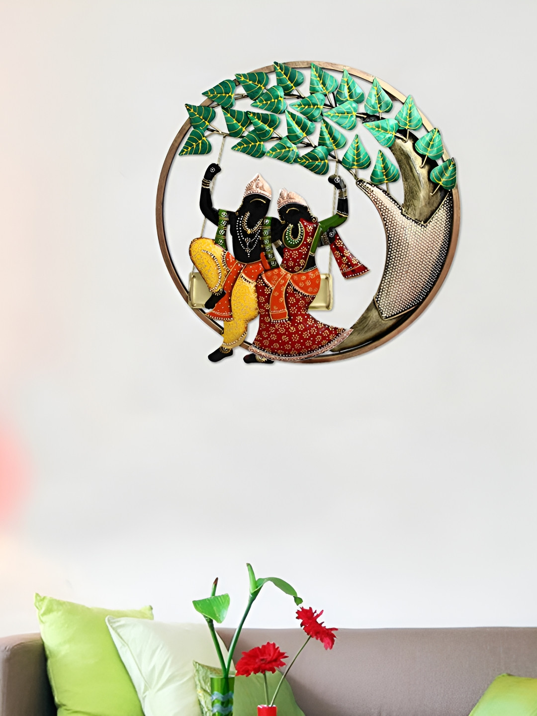 HANDICRAFTS PARADISE Radha Krishna on Swing Metal Glossy Spiritual Wall Decor-23In