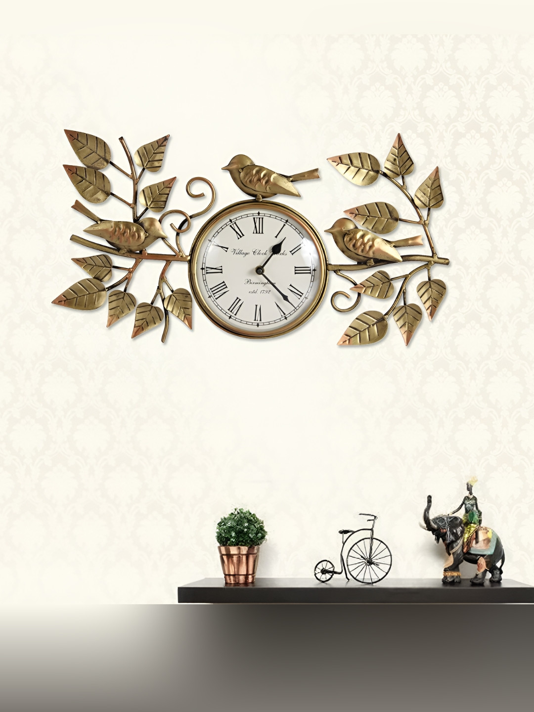 HANDICRAFTS PARADISE Gold Metal Handcrafted Battery Analogue Sparrow Wall Clock