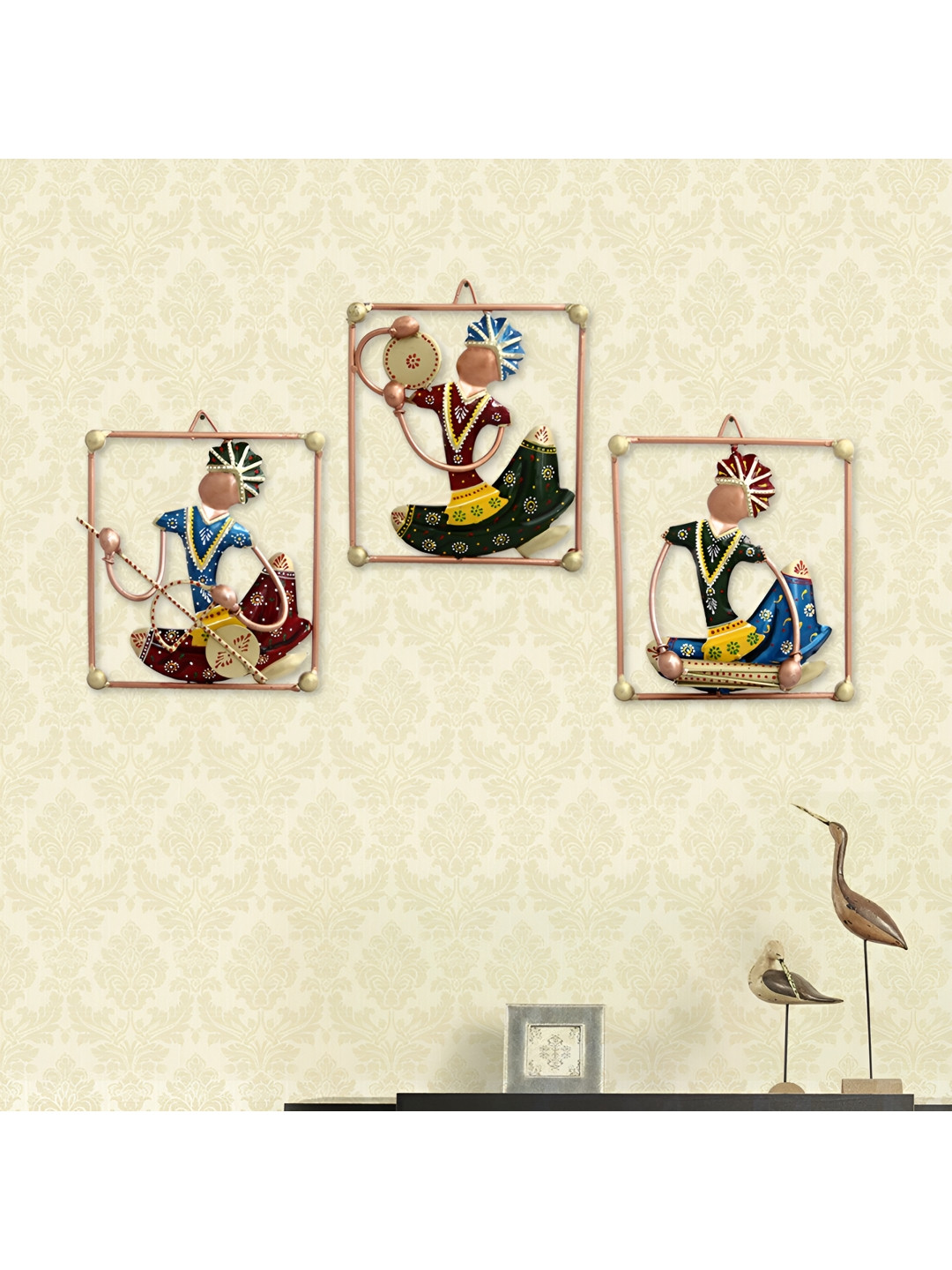 HANDICRAFTS PARADISE Tribal Rajasthani Musical Metal Glossy 3Pcs Abstract Wall Decor-2.5In