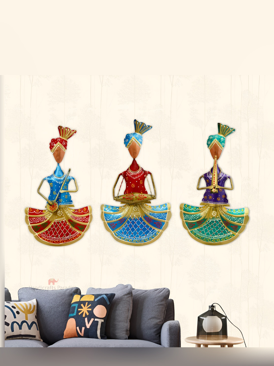 HANDICRAFTS PARADISE 3 Pieces Red & Green Metal Musician Wall Decor