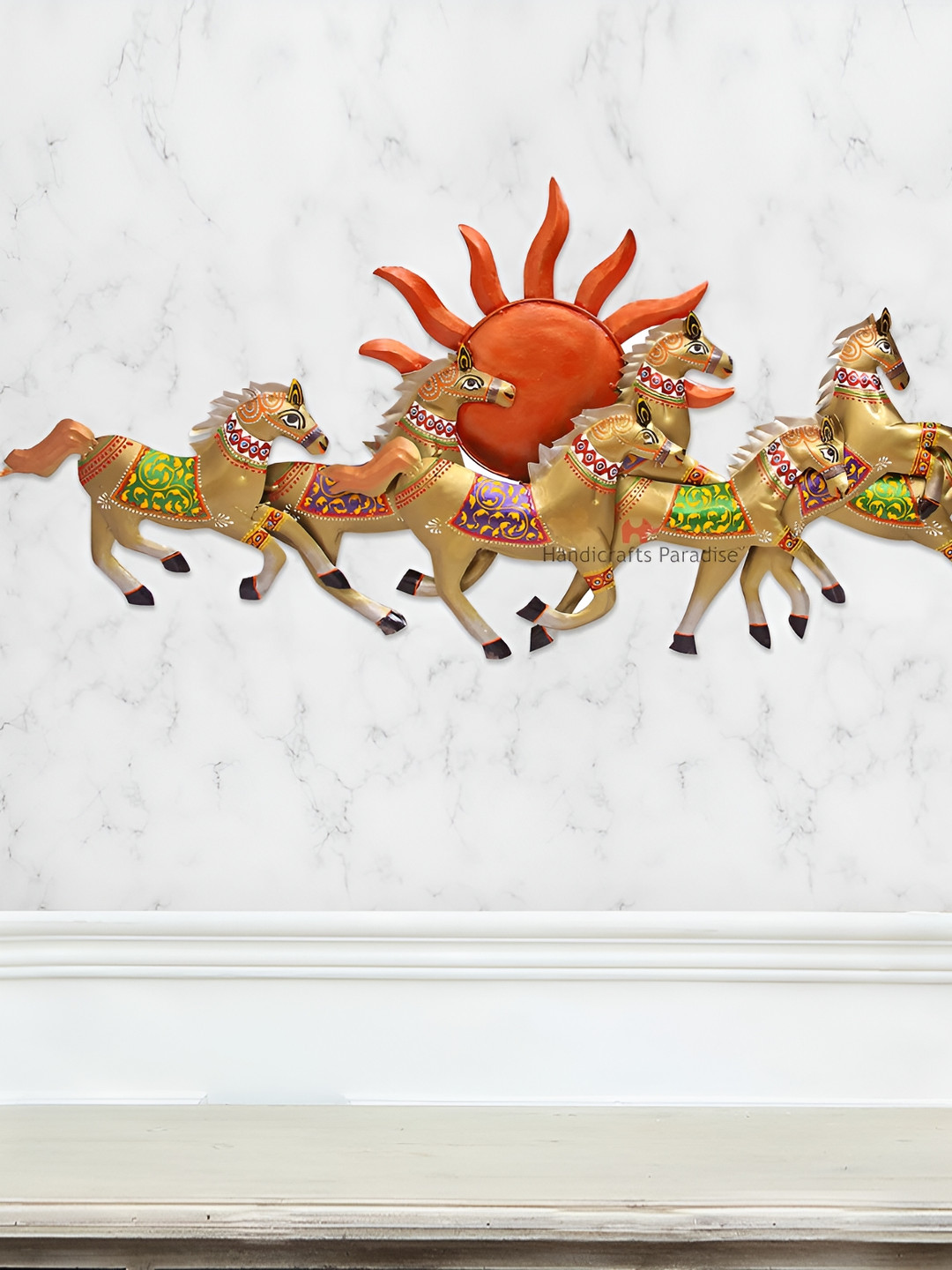 HANDICRAFTS PARADISE Running Horse Metal Ethnic Motifs Glossy Abstract Wall Decor-15In