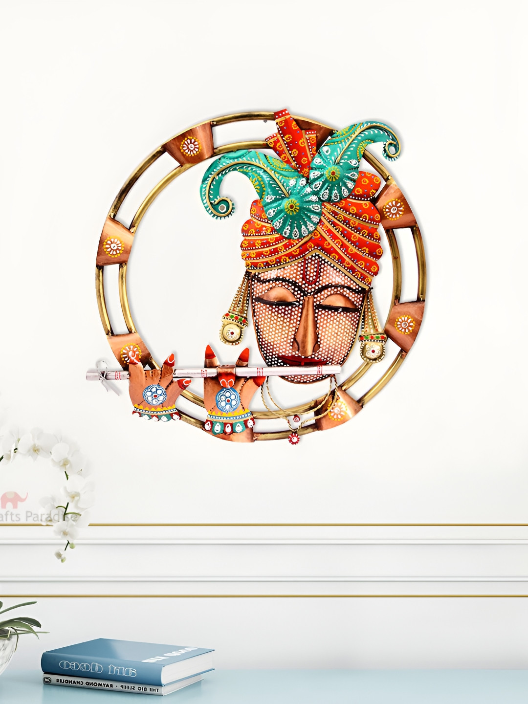 HANDICRAFTS PARADISE Krishna Wall Art Metal Glossy Spiritual Wall Decor-19.5In