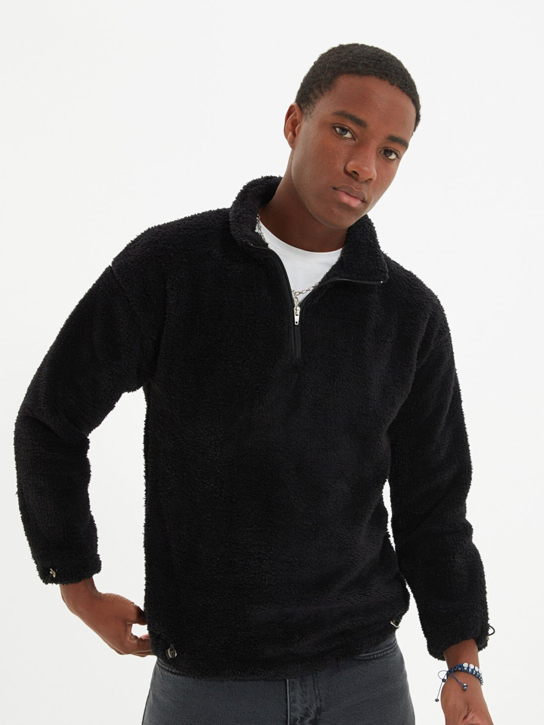 Trendyol Self Design Mock Collar Half Zipper Pullover Sweatshirt