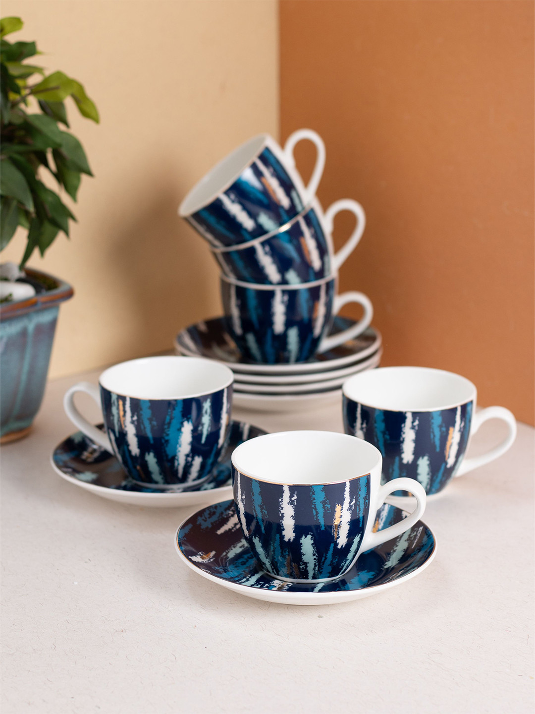 JCPL White & Navy Blue 12 Pieces Handcrafted Printed Ceramic Glossy Cups 180ml