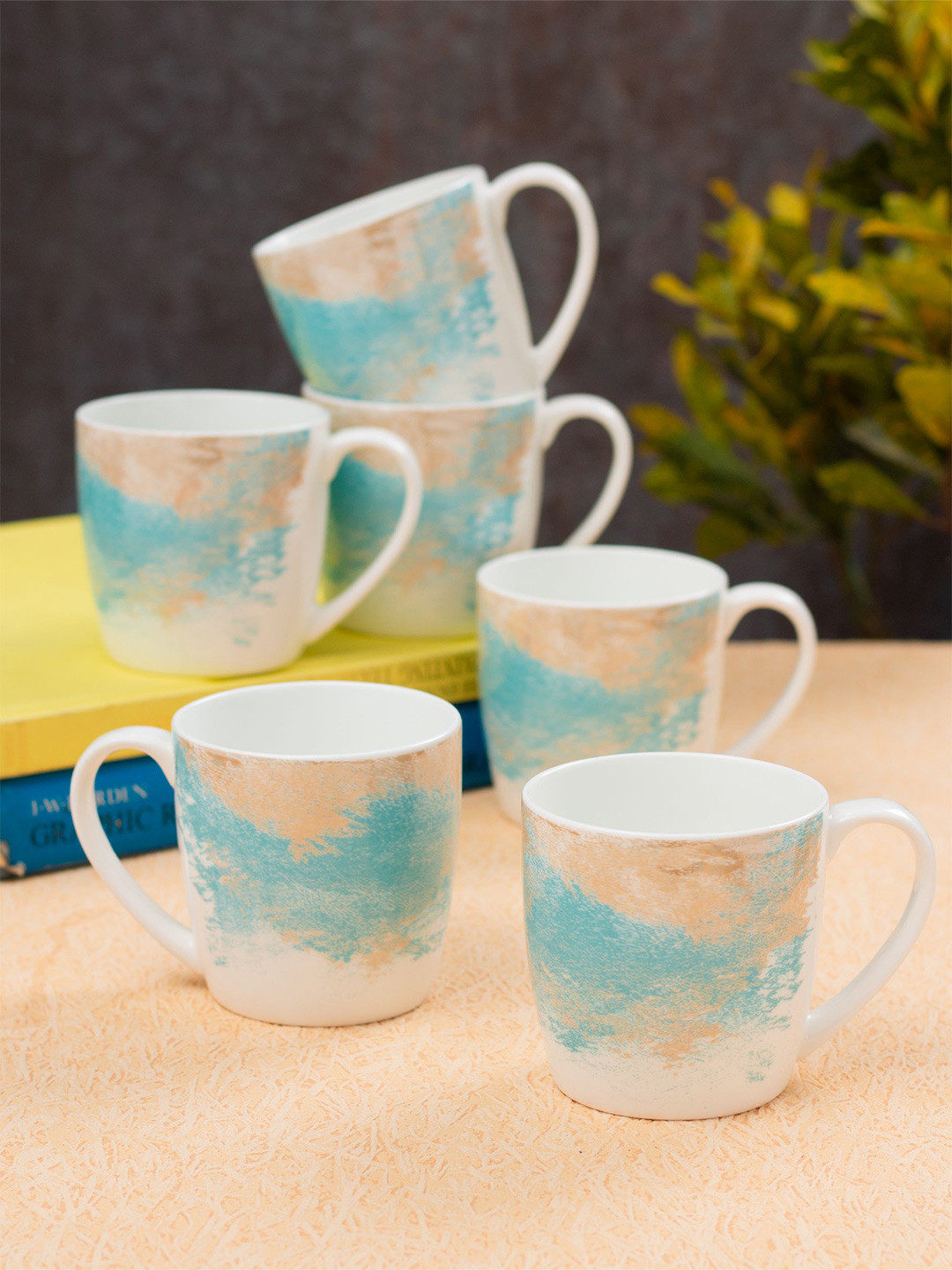 JCPL Divine White Abstract Ceramic Microwave Safe 6 Piece Mugs-200ml