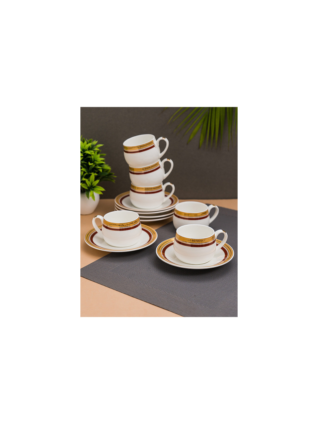 JCPL Premium White 12 Pieces Printed Ceramic Glossy Cups and Saucers 180 ml each