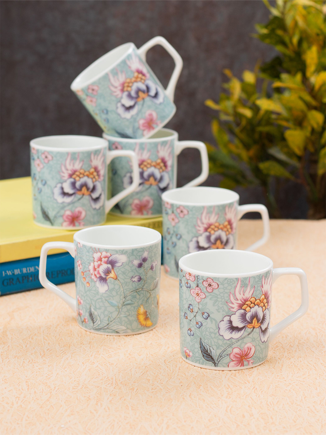 CLAY CRAFT White Floral Ceramic Handmade 6 Piece Mugs-220ml