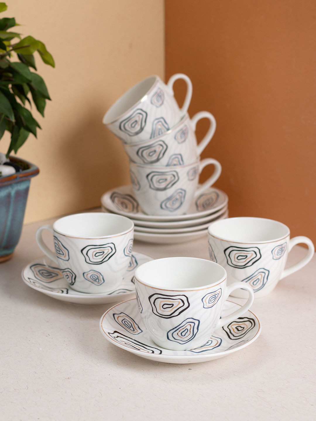 JCPL White & Blue 12 Pieces Floral Handcrafted Ceramic Glossy Cups and Saucers 180ml