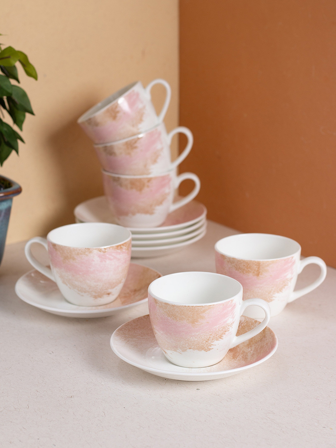 JCPL White & Pink 12 Pcs Handcrafted Printed Ceramic Glossy Cups and Saucers 180ml