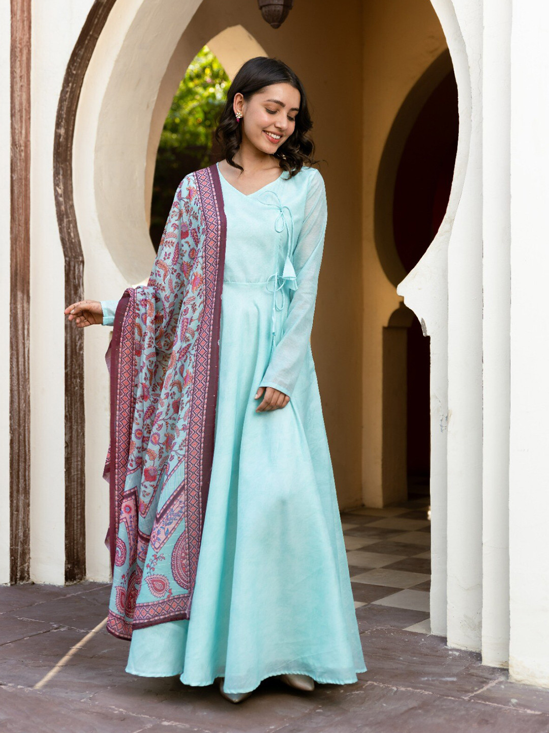 Vinya V-Neck Chanderi Cotton Maxi Anarkali Ethnic Dress With Floral Printed Dupatta