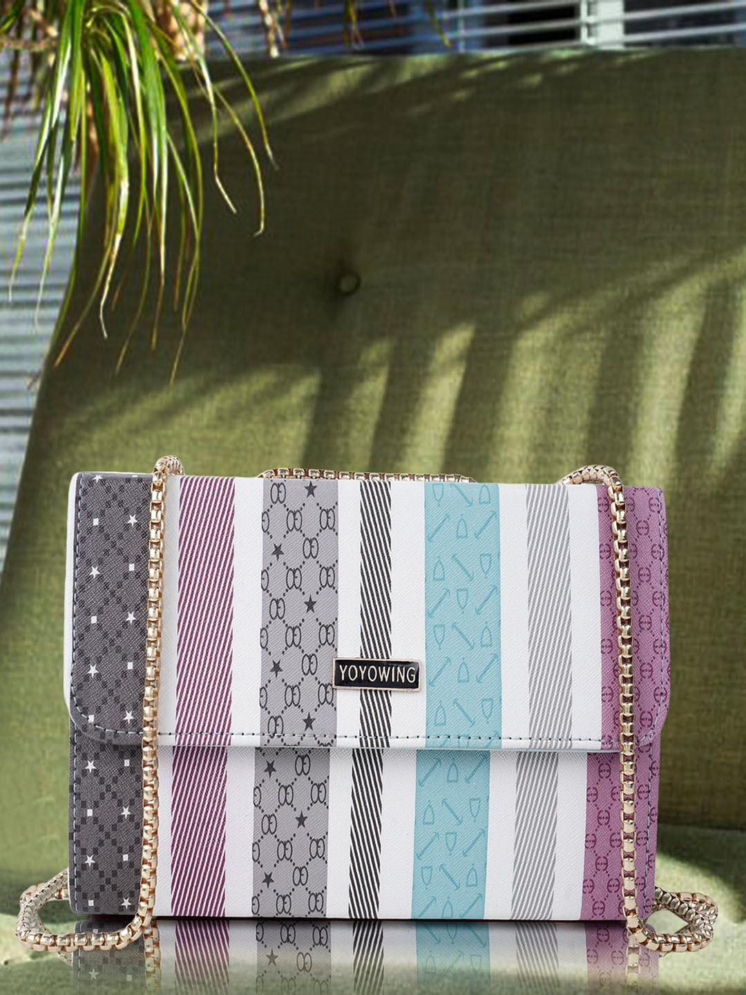 YOYOWING Striped Embellished Structured Sling Bag