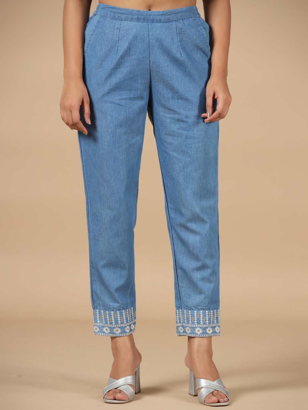 SAVI Denim Embroidered Relaxed Fit Trouser