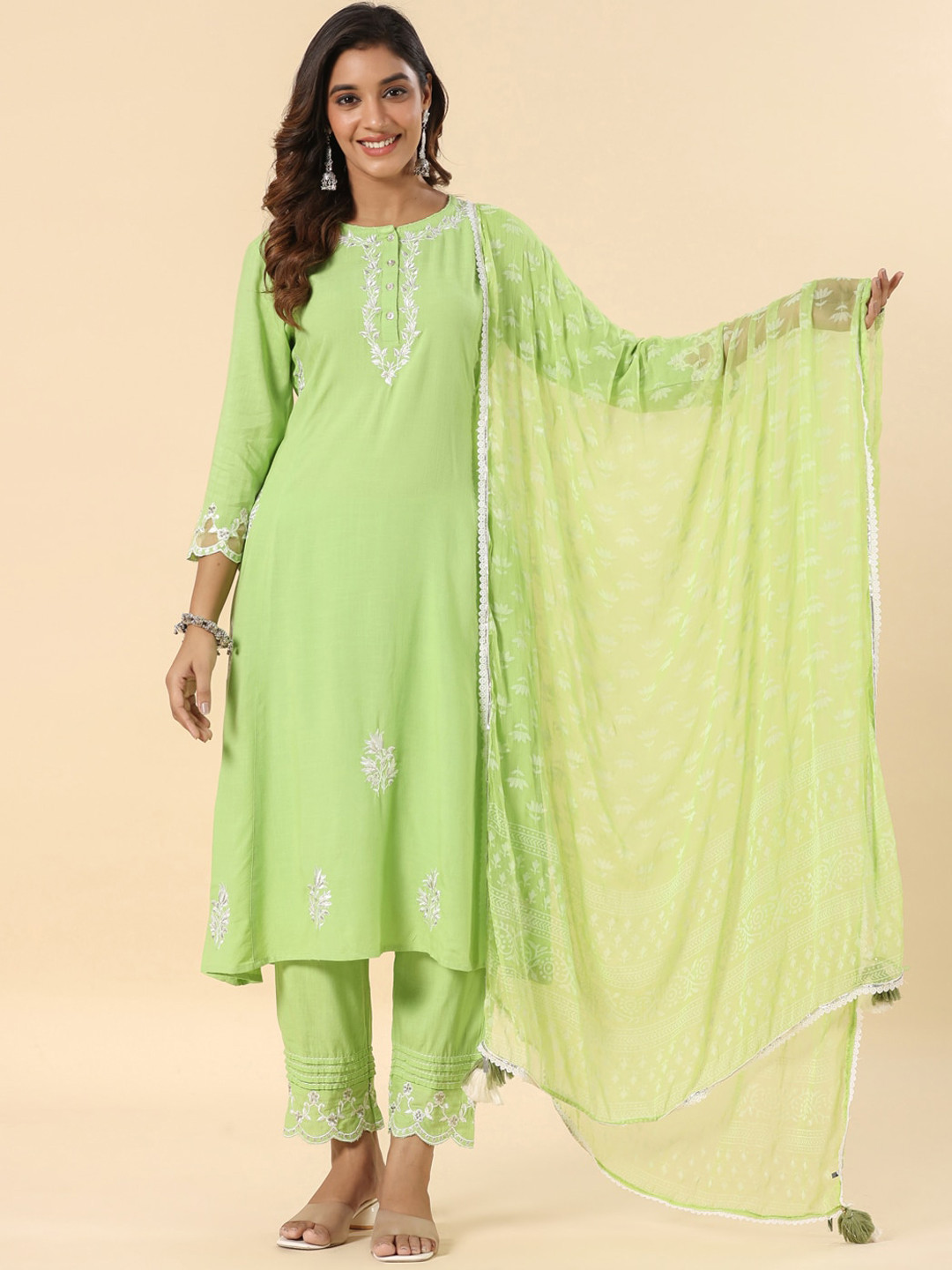SAVI Heavy Embroidered A Line Kurta & Trousers set with Dupatta