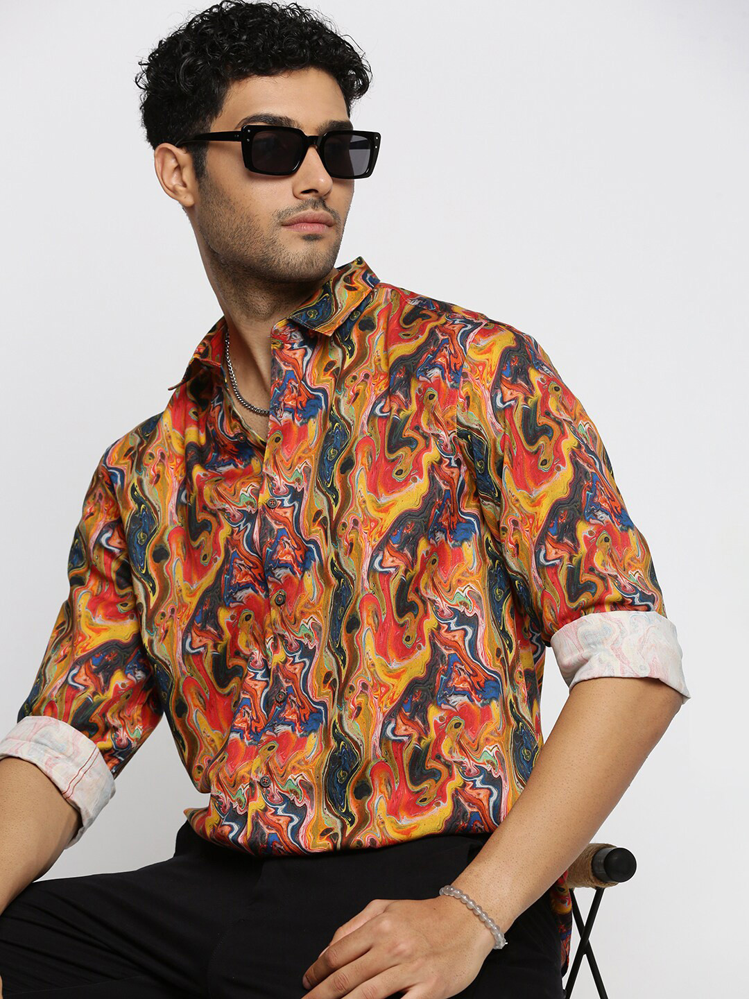 SHOWOFFFF Men Orange Smart Slim Fit Opaque Printed Casual Shirt