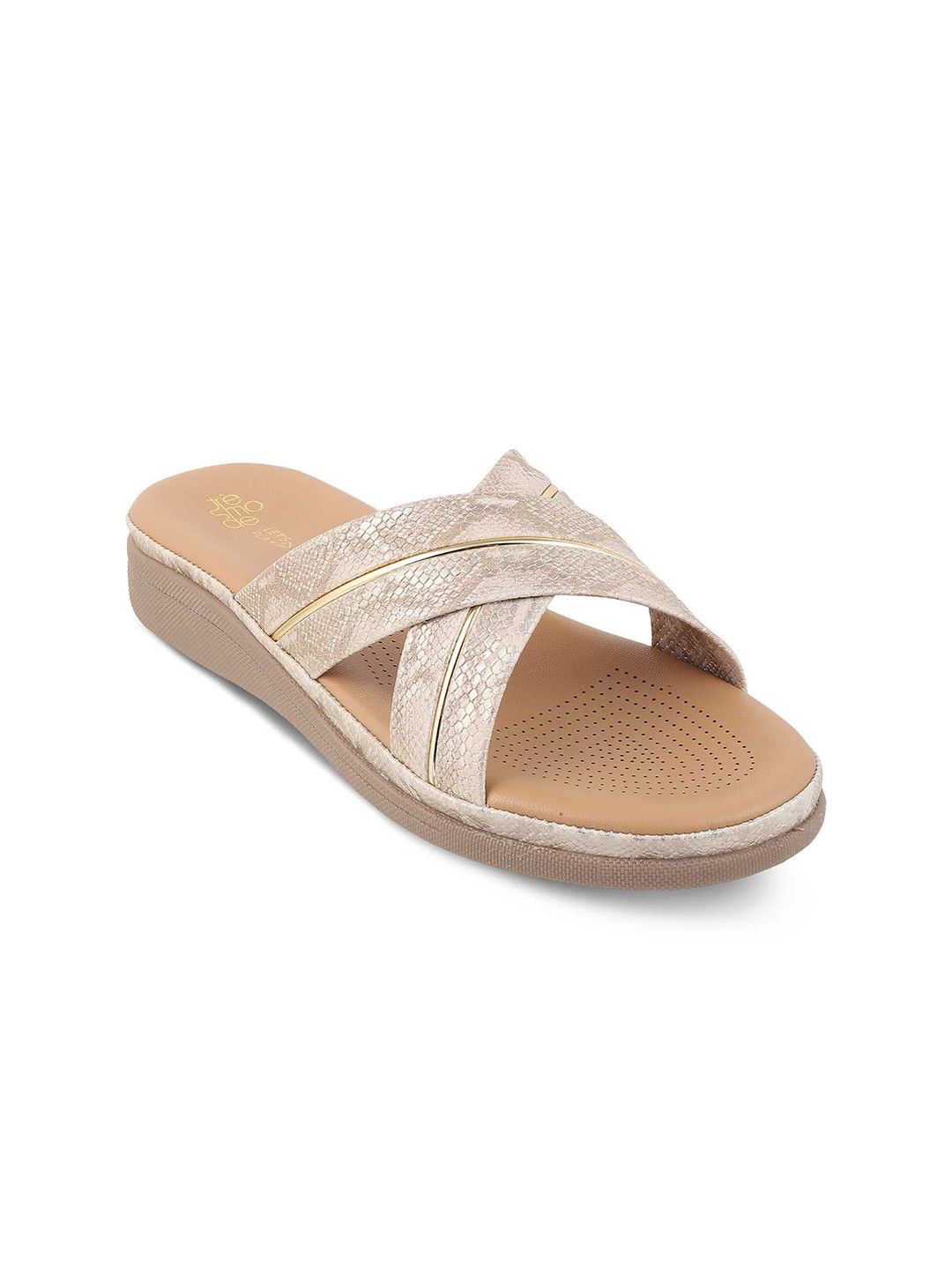 Tresmode Women Gold Textured Cross Strap Open Toe Flats