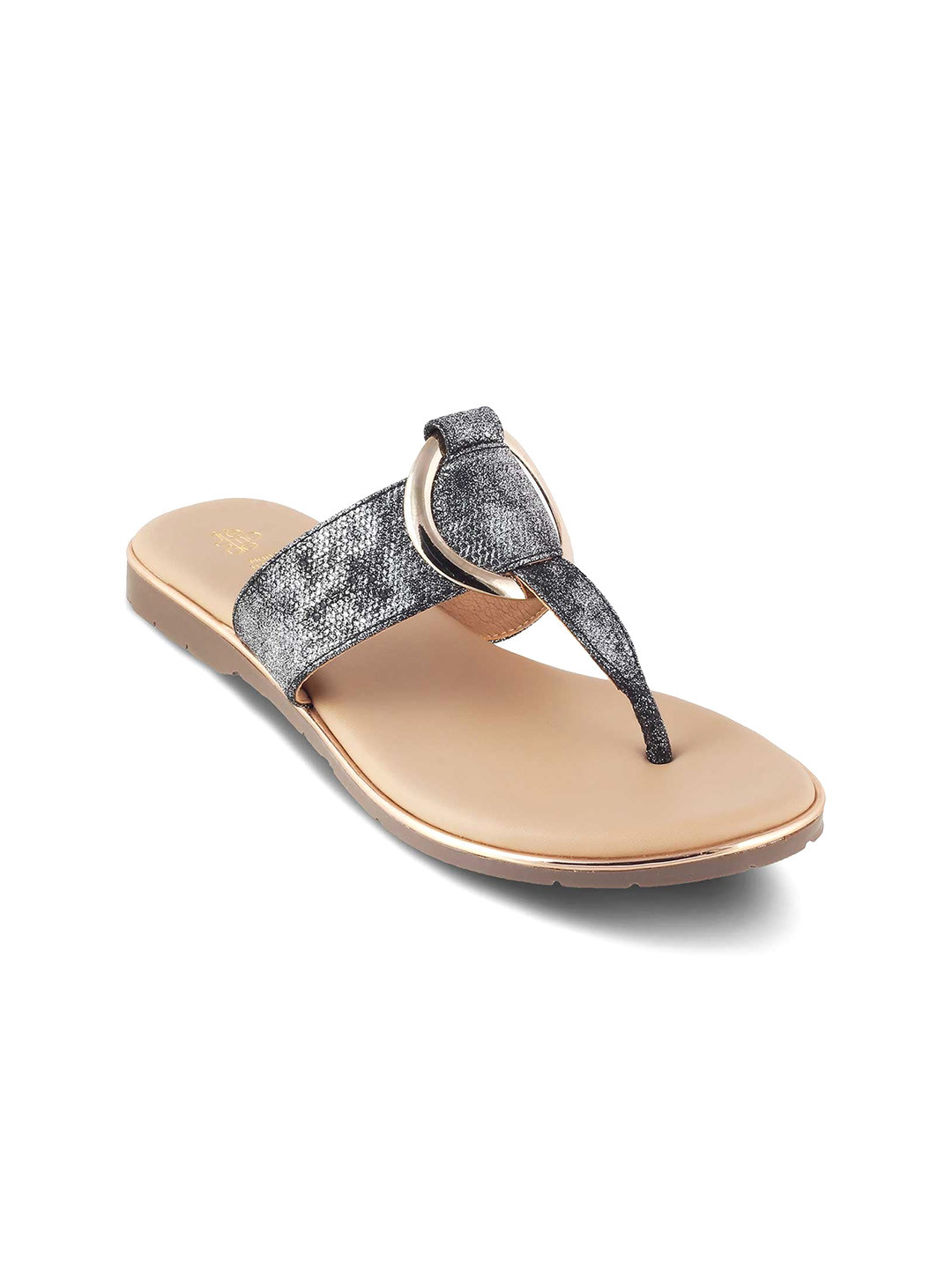 Tresmode Women Grey Printed Embellished T-Strap Flats