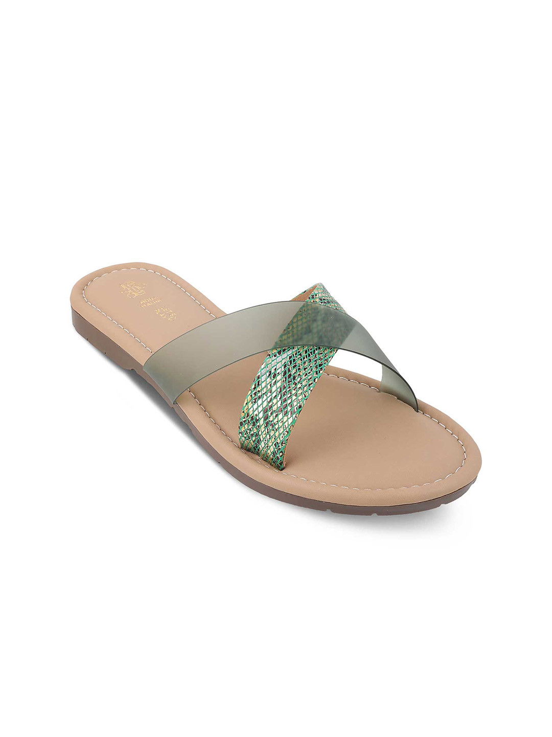 Tresmode Green Textured Cross Strap Open Toe Flats