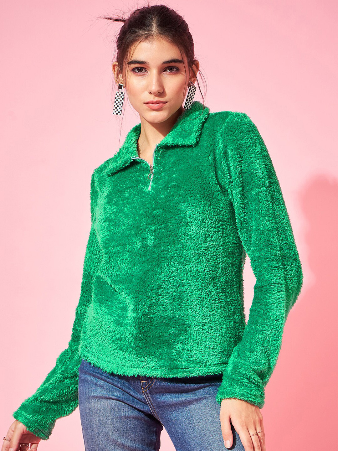 Athena Green Self Design Shirt Collar Fur Sweatshirt