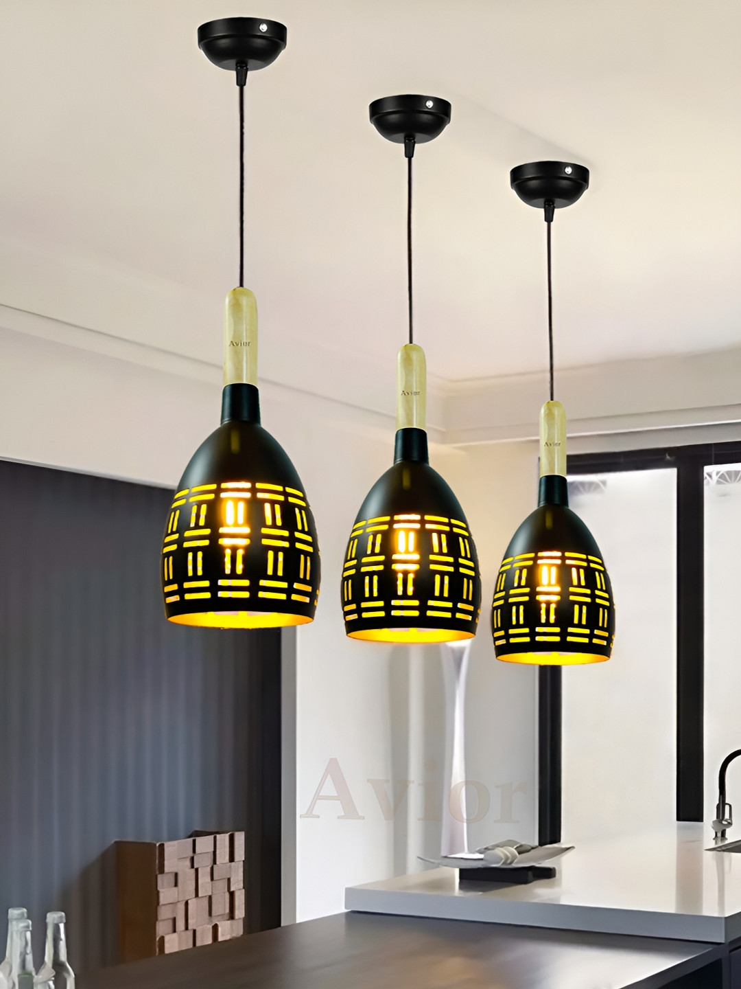 BrightLyt Black & Yellow 3 Pcs Aluminium Pendant Lights Ceiling Lamps With Adjustable Cord