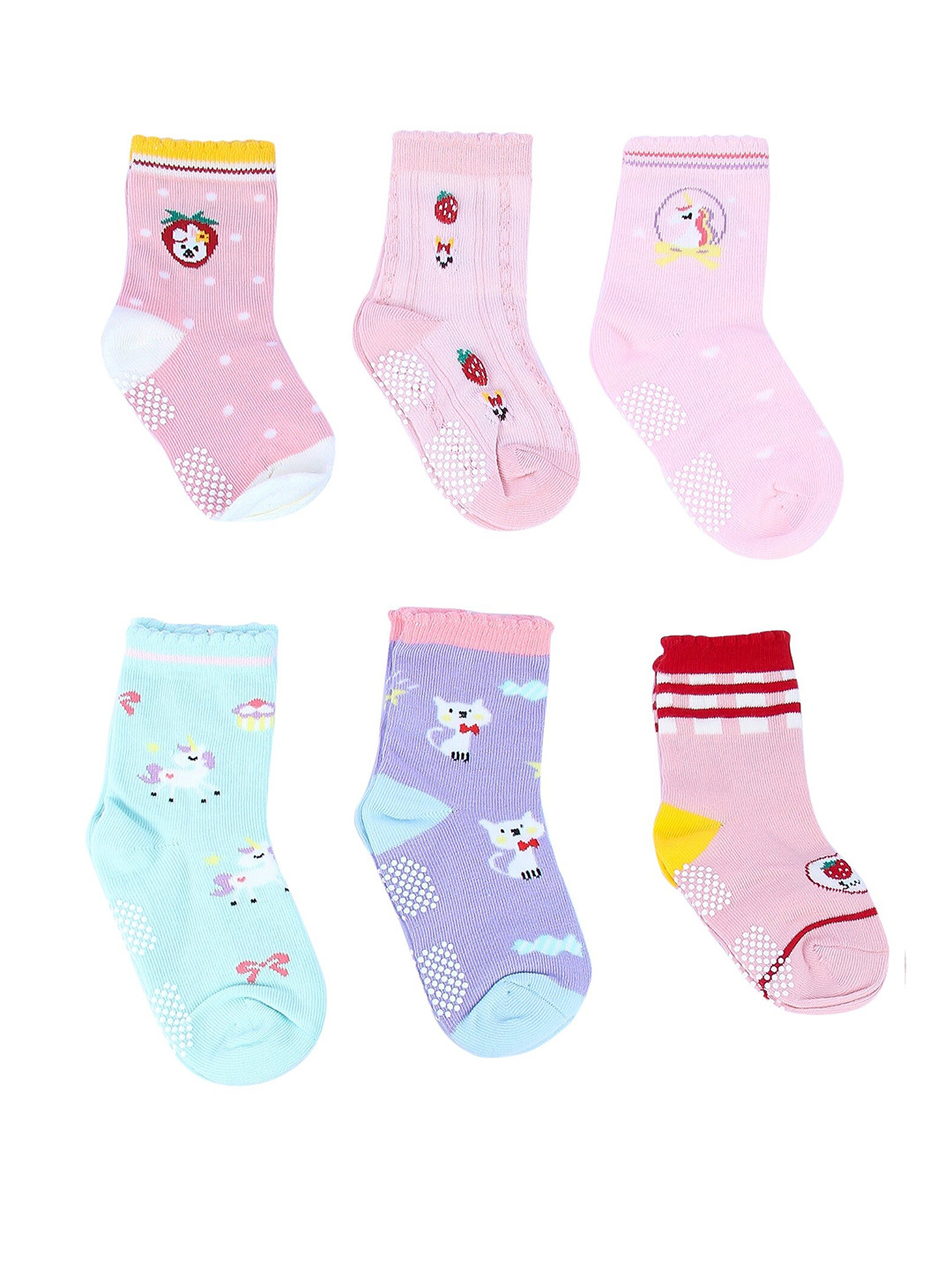 NEOBABY Kids Pack Of 6 Patterned Anti Slip Ankle-Length Cotton Socks