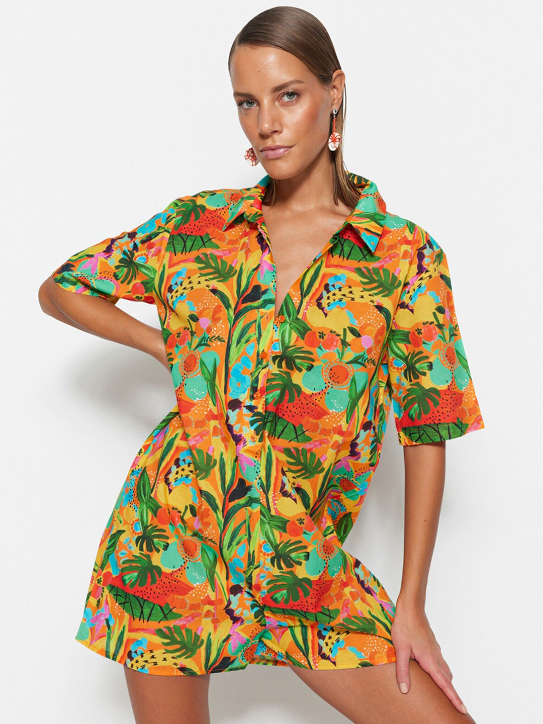 Trendyol Tropical Printed Pure Cotton Shirt Style Dress