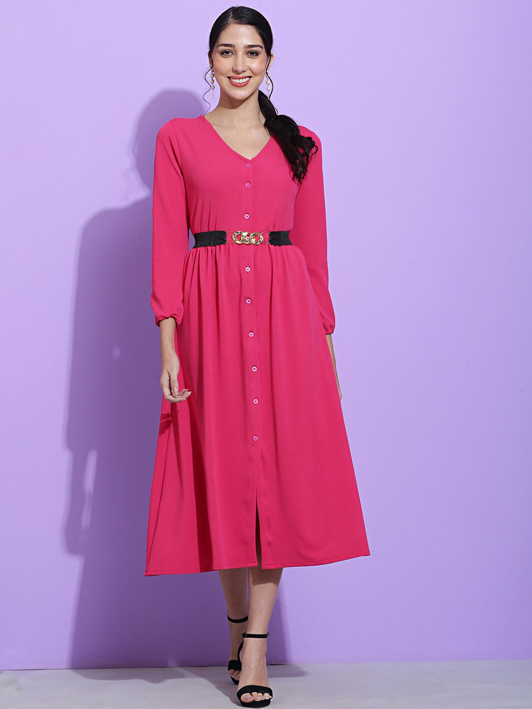 SQew V-Neck Puff Sleeves A-Line Midi Dress