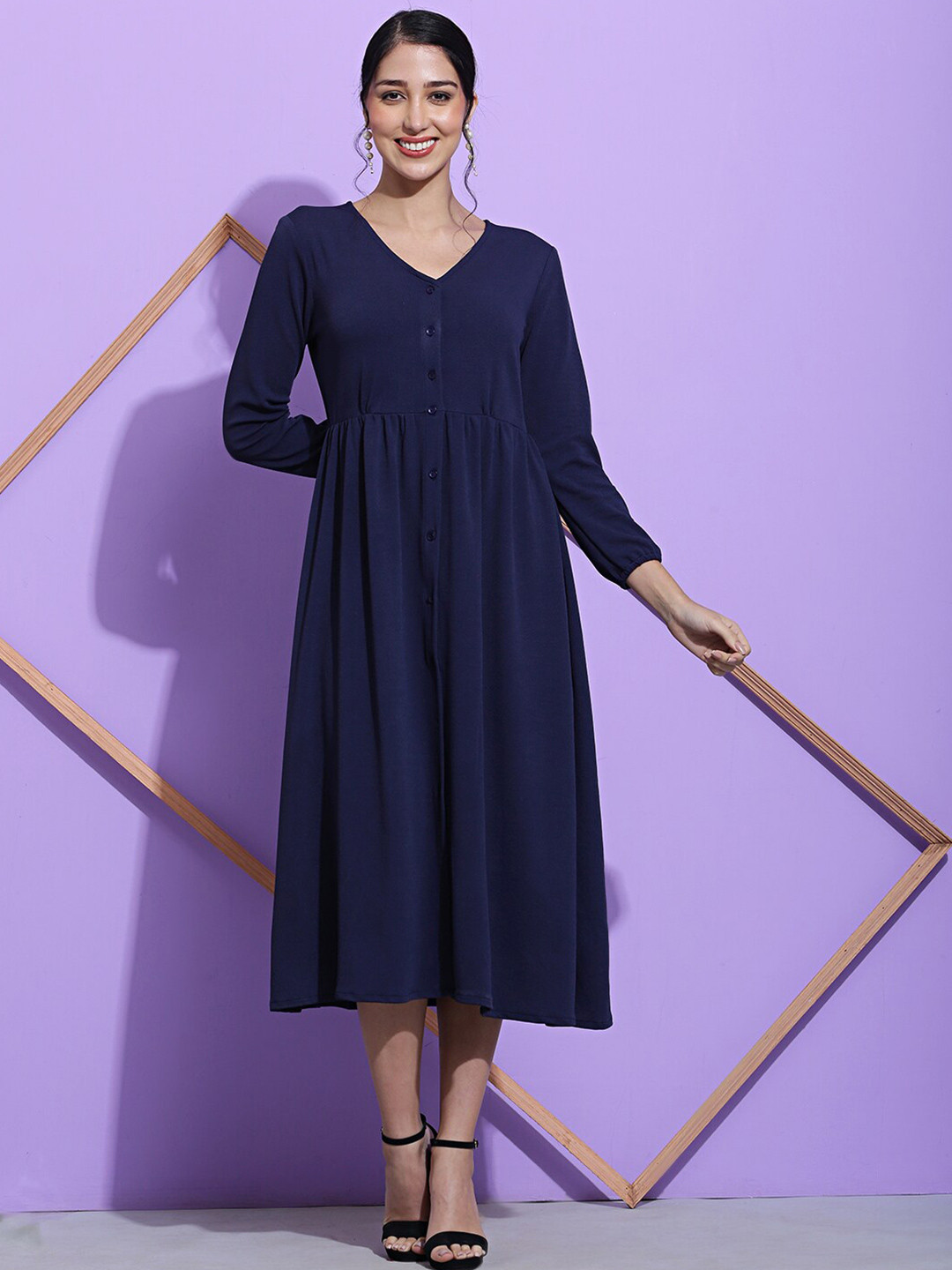 SQew V-Neck Puff Sleeves A-Line Midi Dress