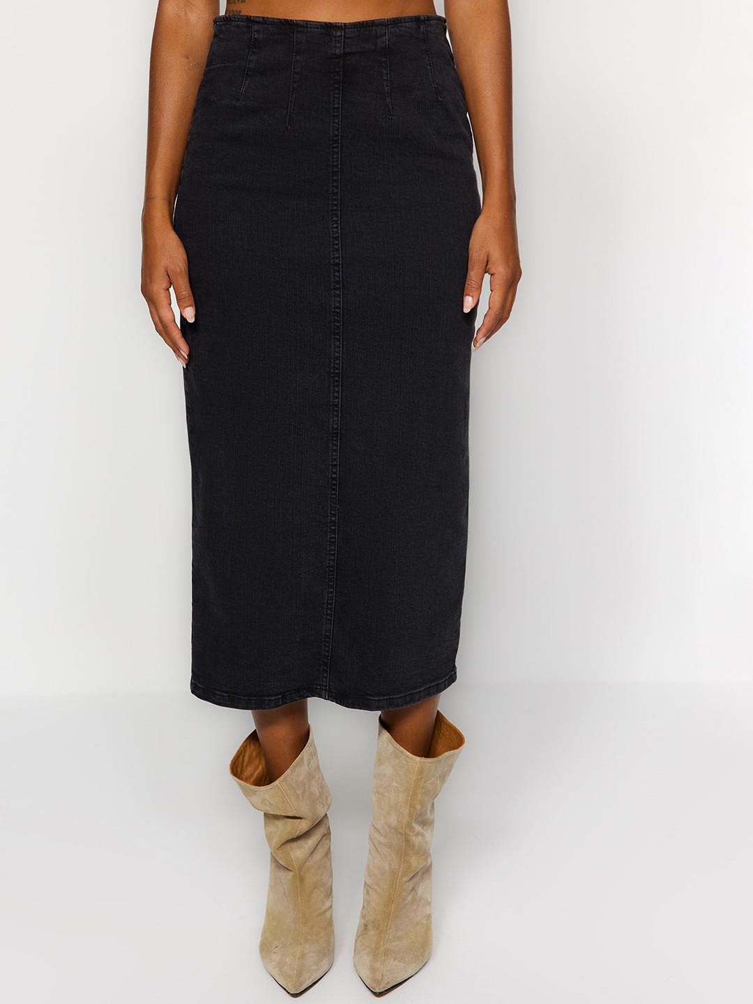 Trendyol Siyah Denim Pencil Midi Skirt
