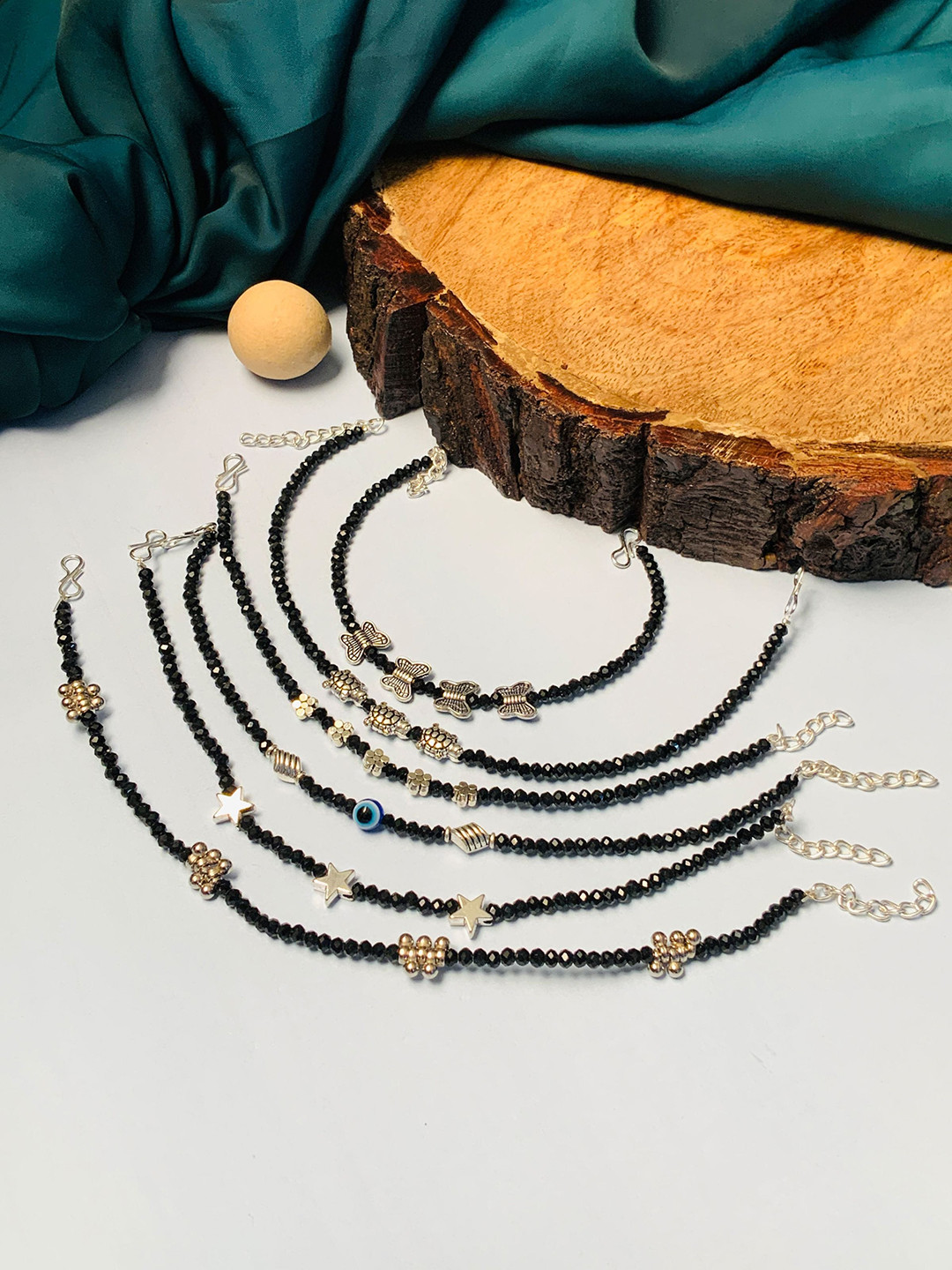 ABDESIGNS Set Of 6 Silver Plated Bedded Anklet