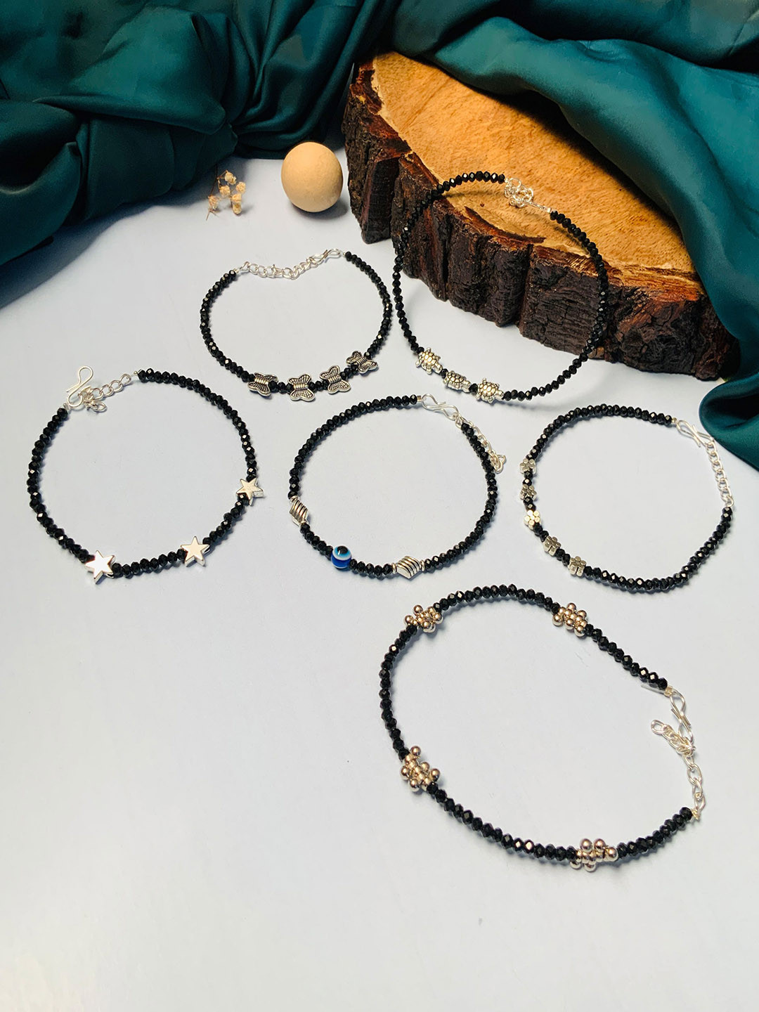 ABDESIGNS Set Of 6 Silver Plated Bedded Anklet