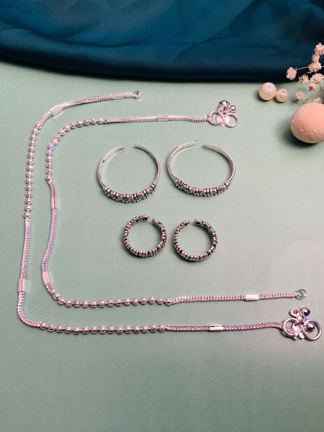 ABDESIGNS Set Of 6 Silver Plated Bedded Anklet & Adjustable Toe Rings