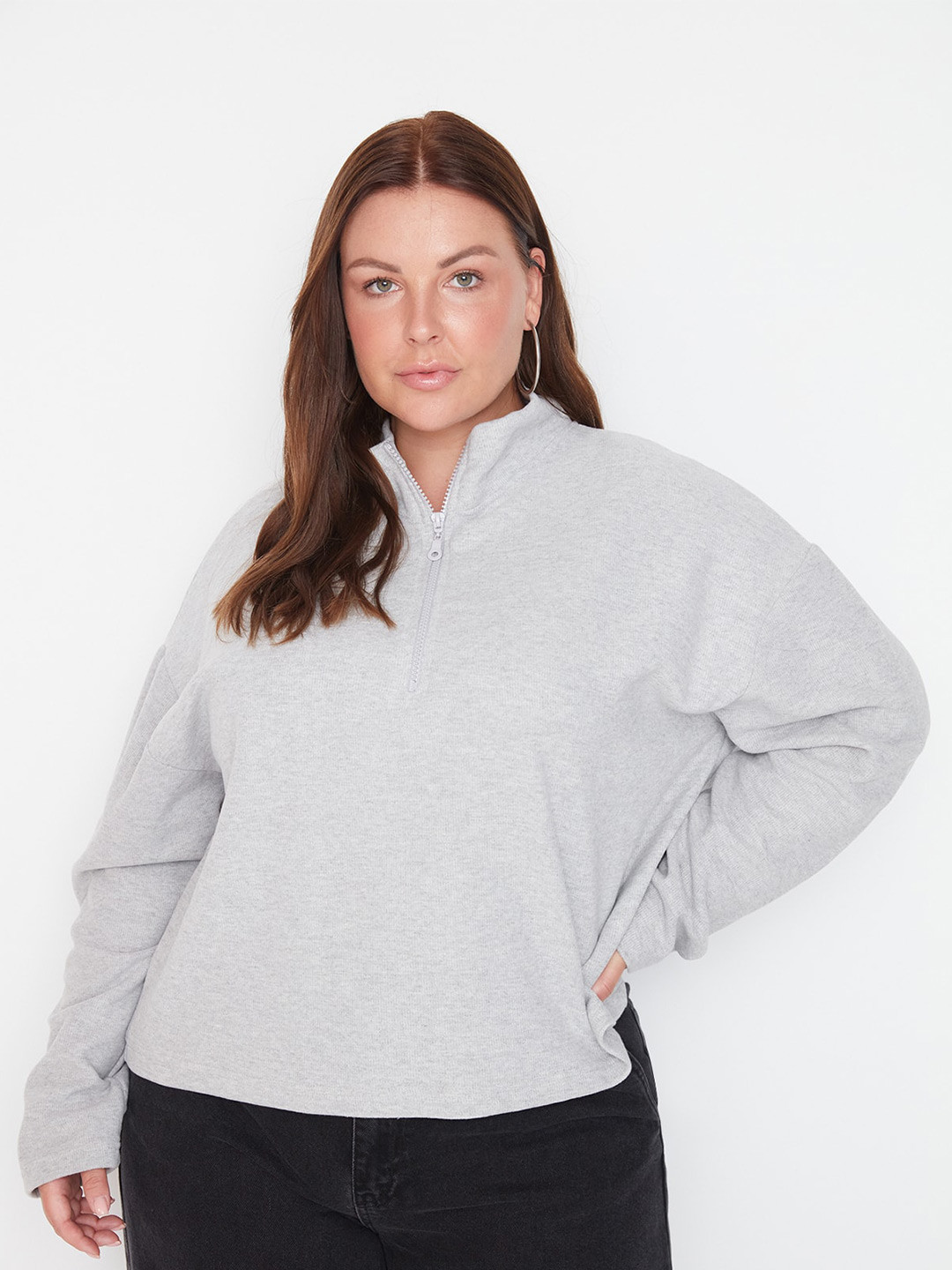 Trendyol Plus Size Mock Collar Half Zipper Pullover Sweatshirt