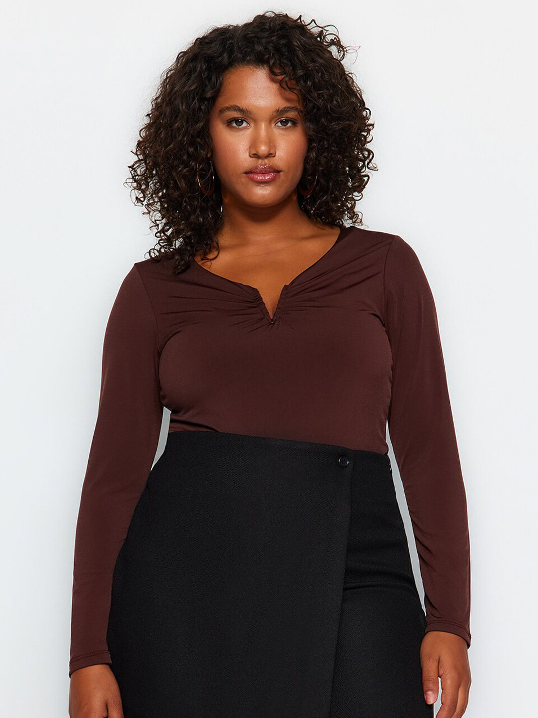 Trendyol Plus Size Notched Neck Long Sleeves Fitted Top