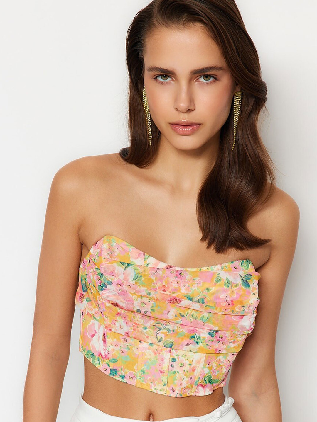 Trendyol Floral Print Strapless Corset Crop Top