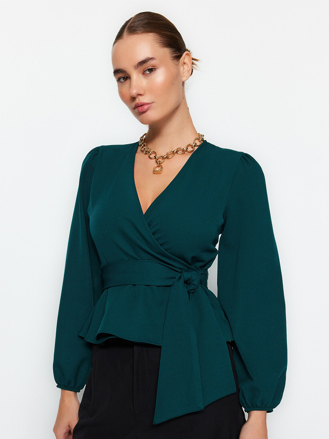 Trendyol Puff Sleeve Belted Wrap Top