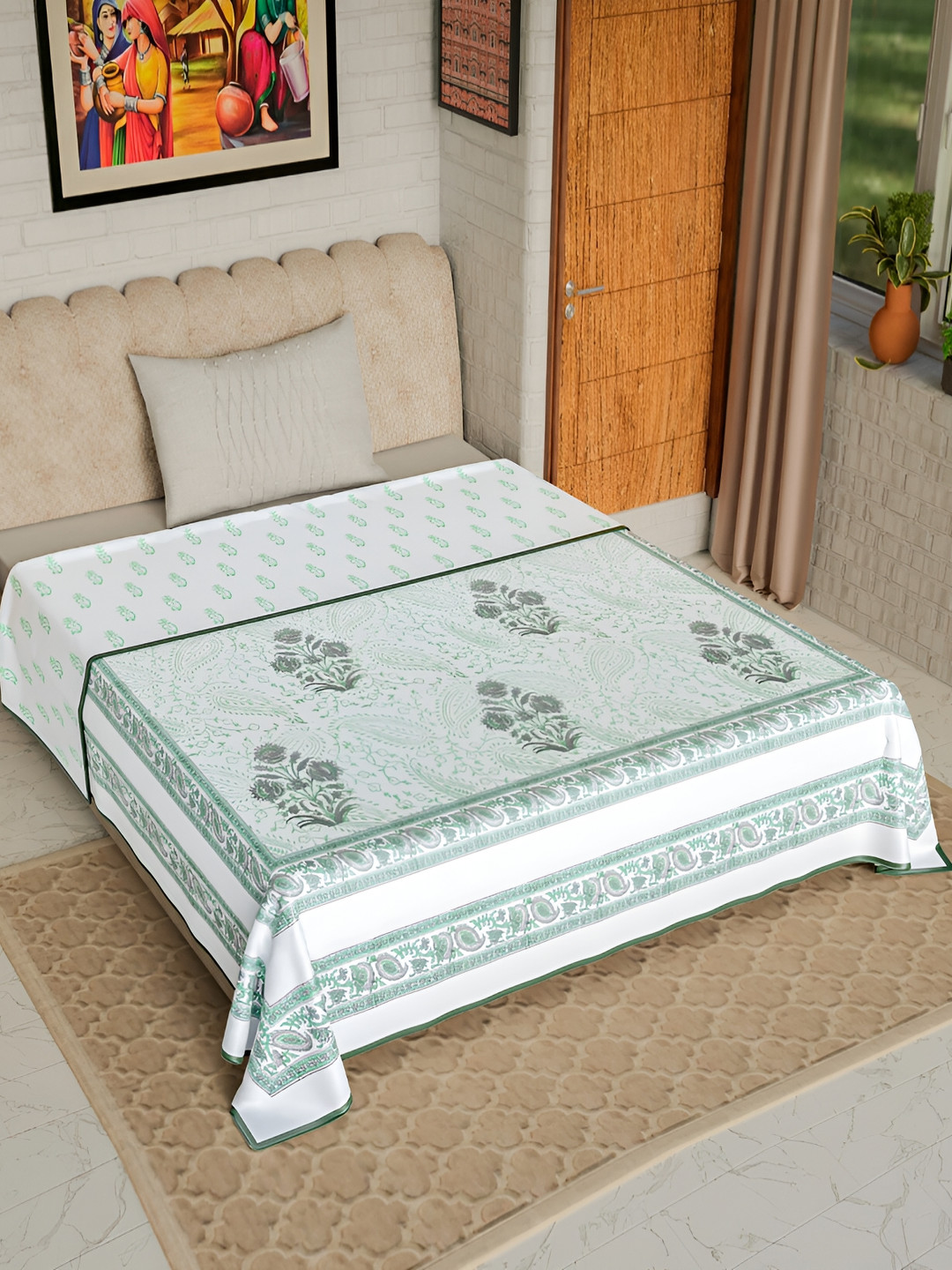 Jaipur Dohar Green & Off White Floral Cotton AC Room 150 GSM Single Bed Dohar