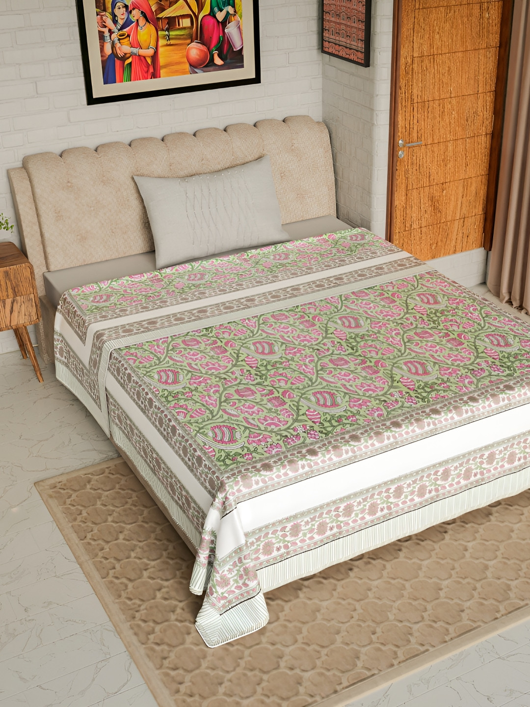 Jaipur Dohar Green & Pink Floral Cotton AC Room 150 GSM Single Bed Dohar