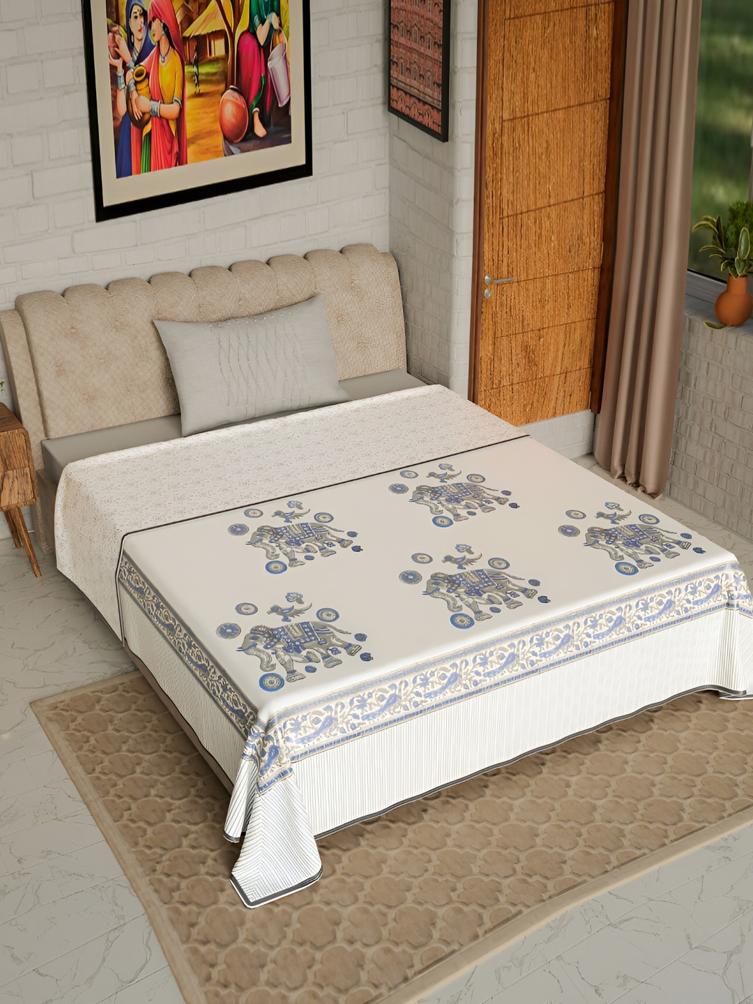 Jaipur Dohar White & Blue Conversational Cotton AC Room 150 GSM Single Bed Dohar